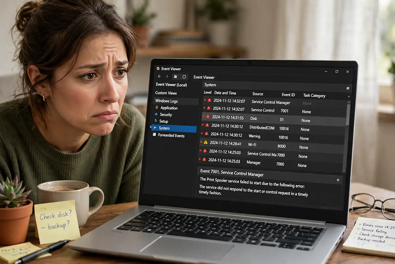 Photoreal photo: a person looking at a real Windows PC showing the Event Viewer window with a legible list of error entries, the person's face concentrated, home office. No black screen, no blank white screen, no f...