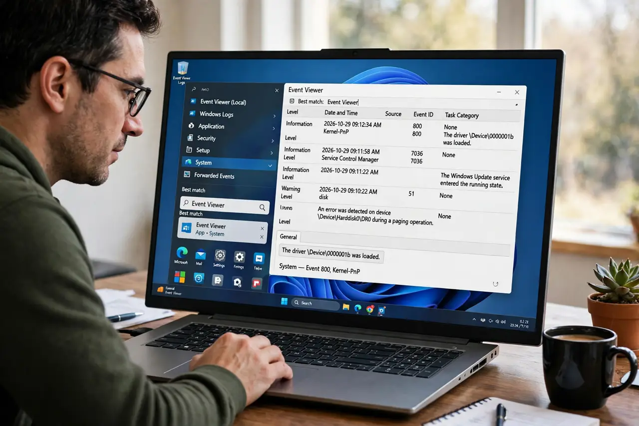 A person performing step 1: Open Event Viewer. Search the Start menu for “Event Viewer” and open it. Head to Windows Logs > System — that .