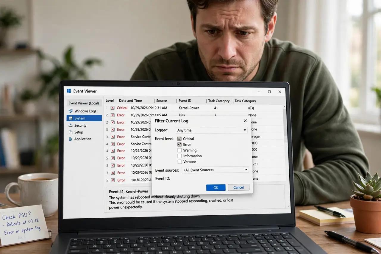 A person looking at the real Windows Event Viewer on a real laptop with a filter dialog open showing Critical and Error selected, the person's face focused, home.