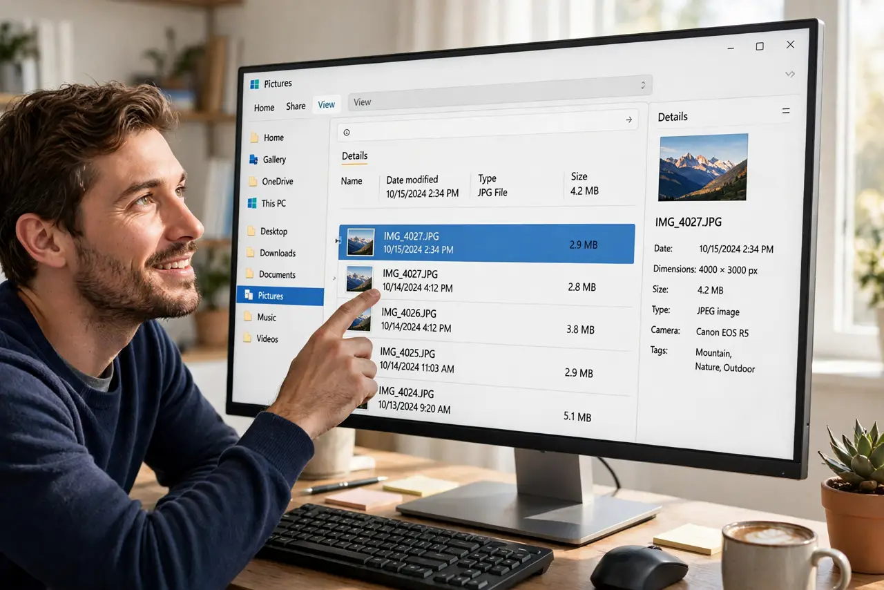 A person clicking a photo file in File Explorer on a real Windows PC monitor with the Details pane showing the photo's dimensions and date fully legible, the person's face enlightened.
