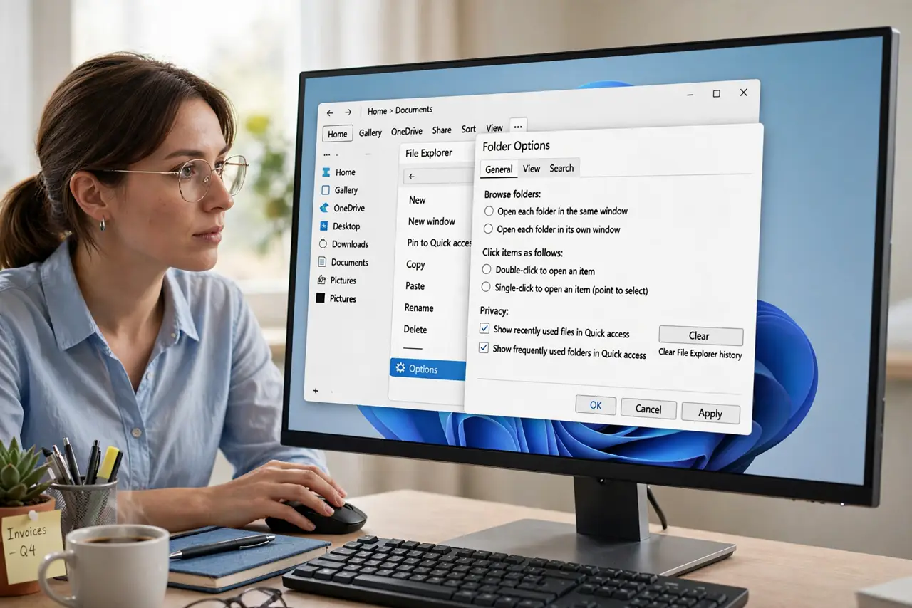 A person performing step 1: Open Folder Options.
