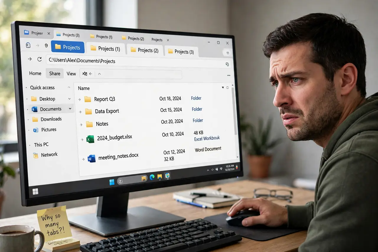 A person looking at a real Windows PC monitor showing File Explorer with several duplicate tabs of the same folder, the person's face exasperated, hand on mouse.