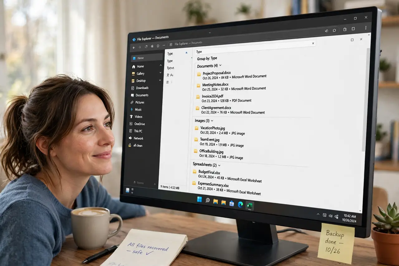 A person viewing a File Explorer window on a real Windows PC monitor showing files grouped under collapsible type headings fully legible, the person's face relieved.