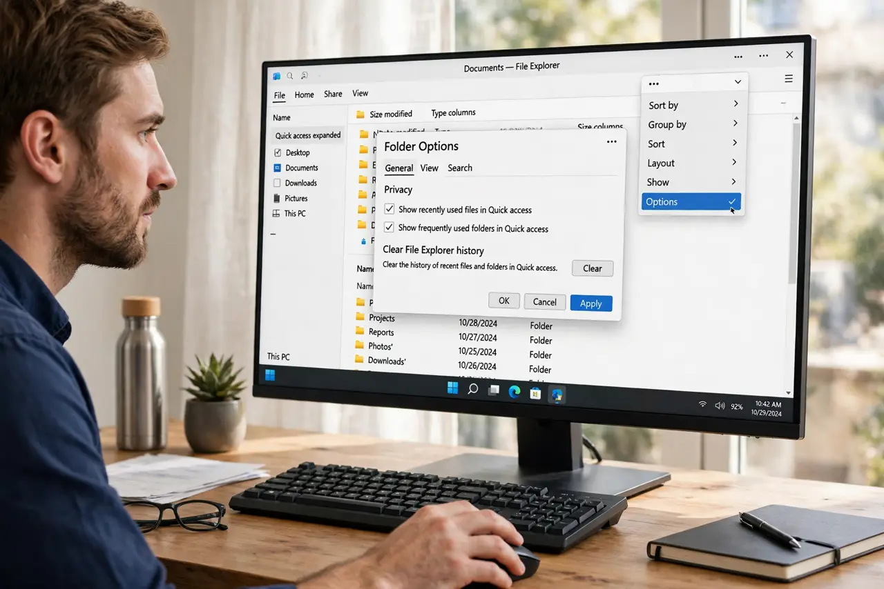 A person performing step 1: Open Folder Options.