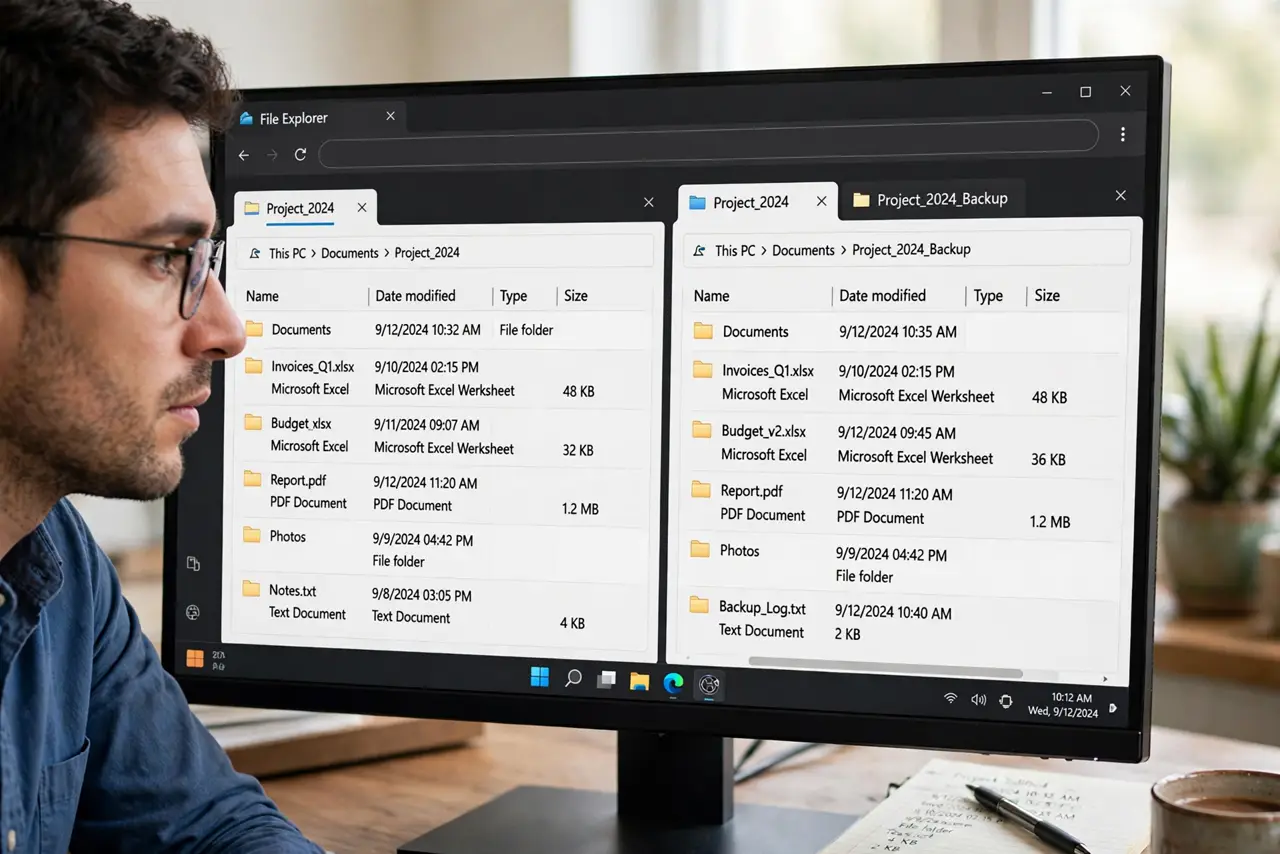 A person comparing two folders side by side in File Explorer tabs on a real Windows PC monitor, both folder contents fully legible, the person's face focused.
