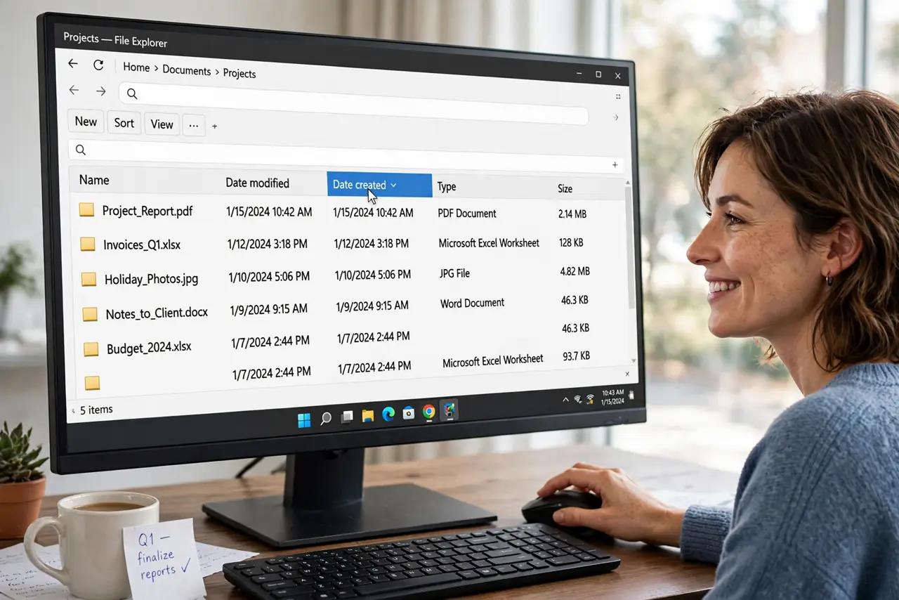 A person clicking the Date created column header in File Explorer on a real Windows PC monitor showing files sorted by creation date fully legible, the person's face satisfied.