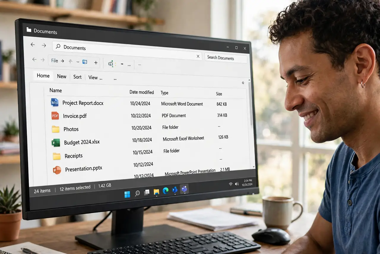 A person looking at the bottom of a File Explorer window on a real Windows PC monitor showing the status bar with item count text fully legible, the person's face content.