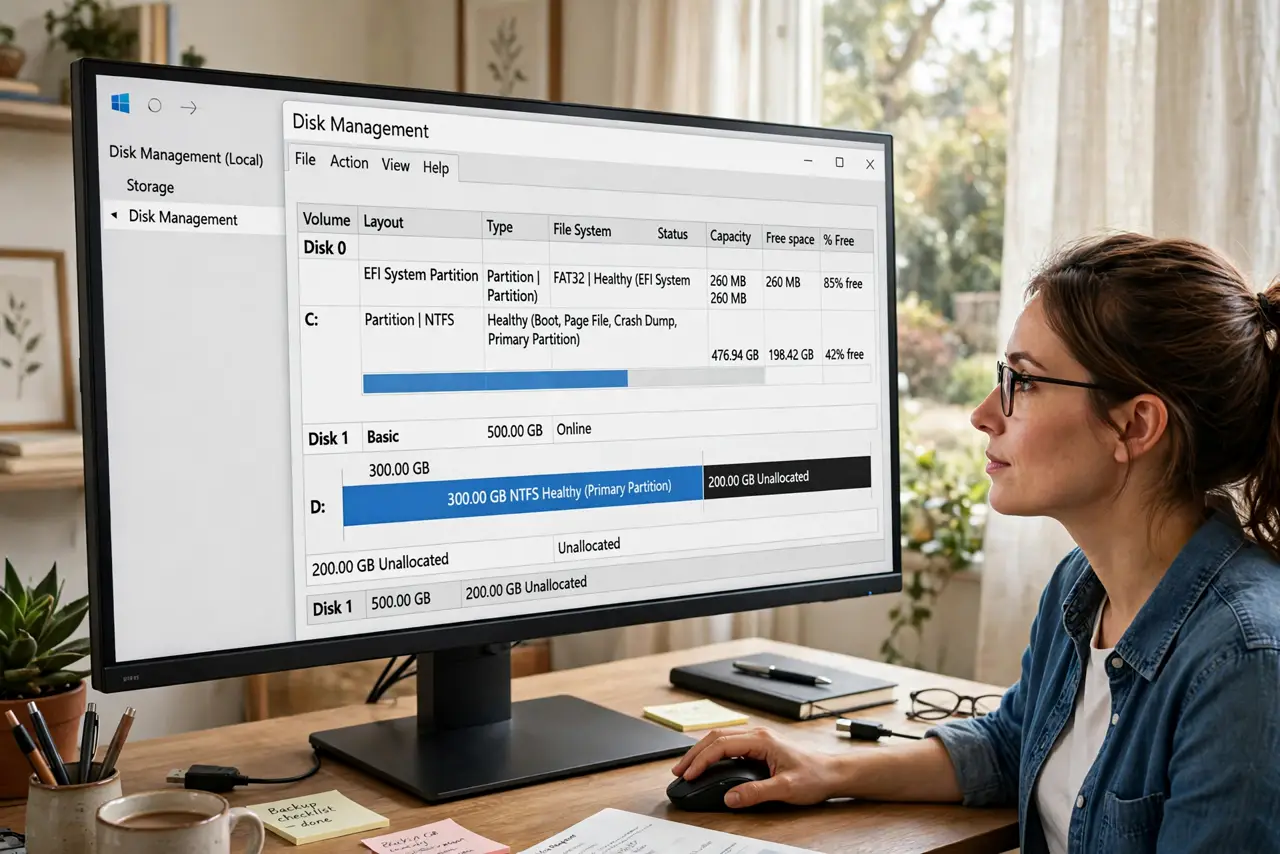 A person performing the first step: Open Disk Management and survey the map. The graphical bars show exactly where.