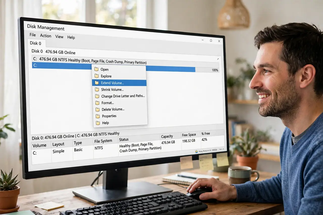 A person right-clicking a volume in the real Windows Disk Management window with the Extend Volume option highlighted