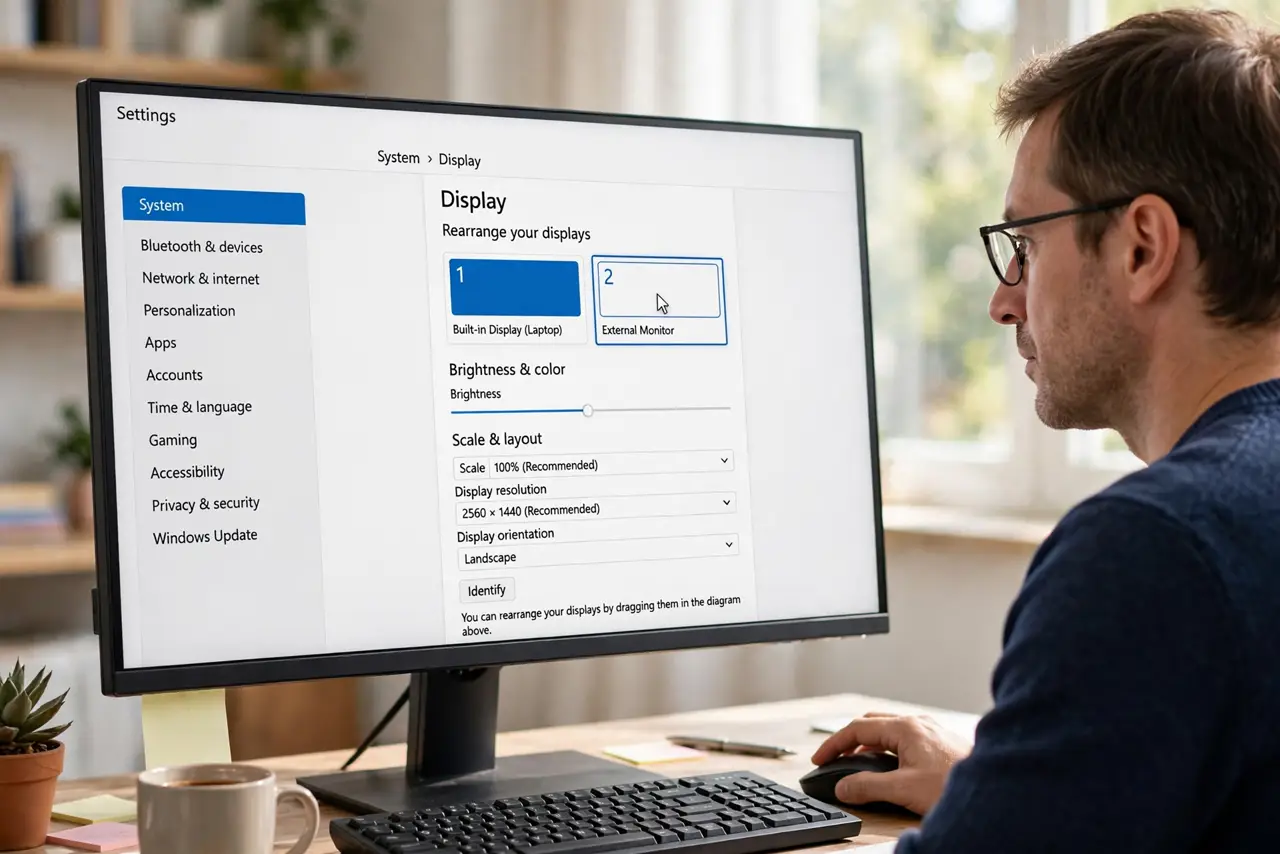 A person performing step 1: Select the right monitor.