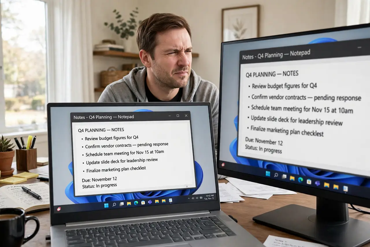 A person at a desk with a real Windows 11 laptop connected to a real external monitor showing slightly blurry text next to sharp laptop text, the person's face squinting, home office.