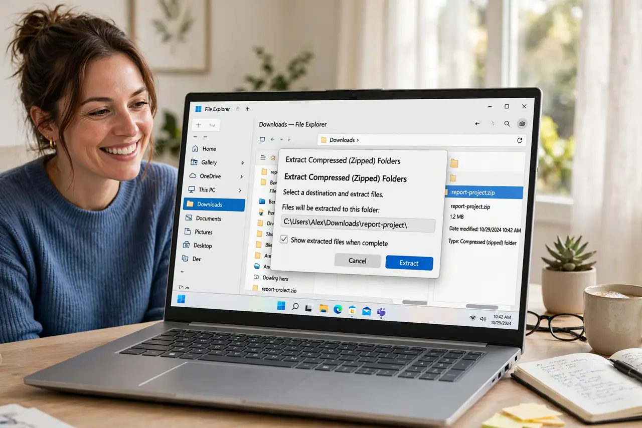 a person using a real Windows laptop showing File Explorer with the Extract All dialog open on a downloaded zip file, the person's face satisfied, bright home office. No black scre.