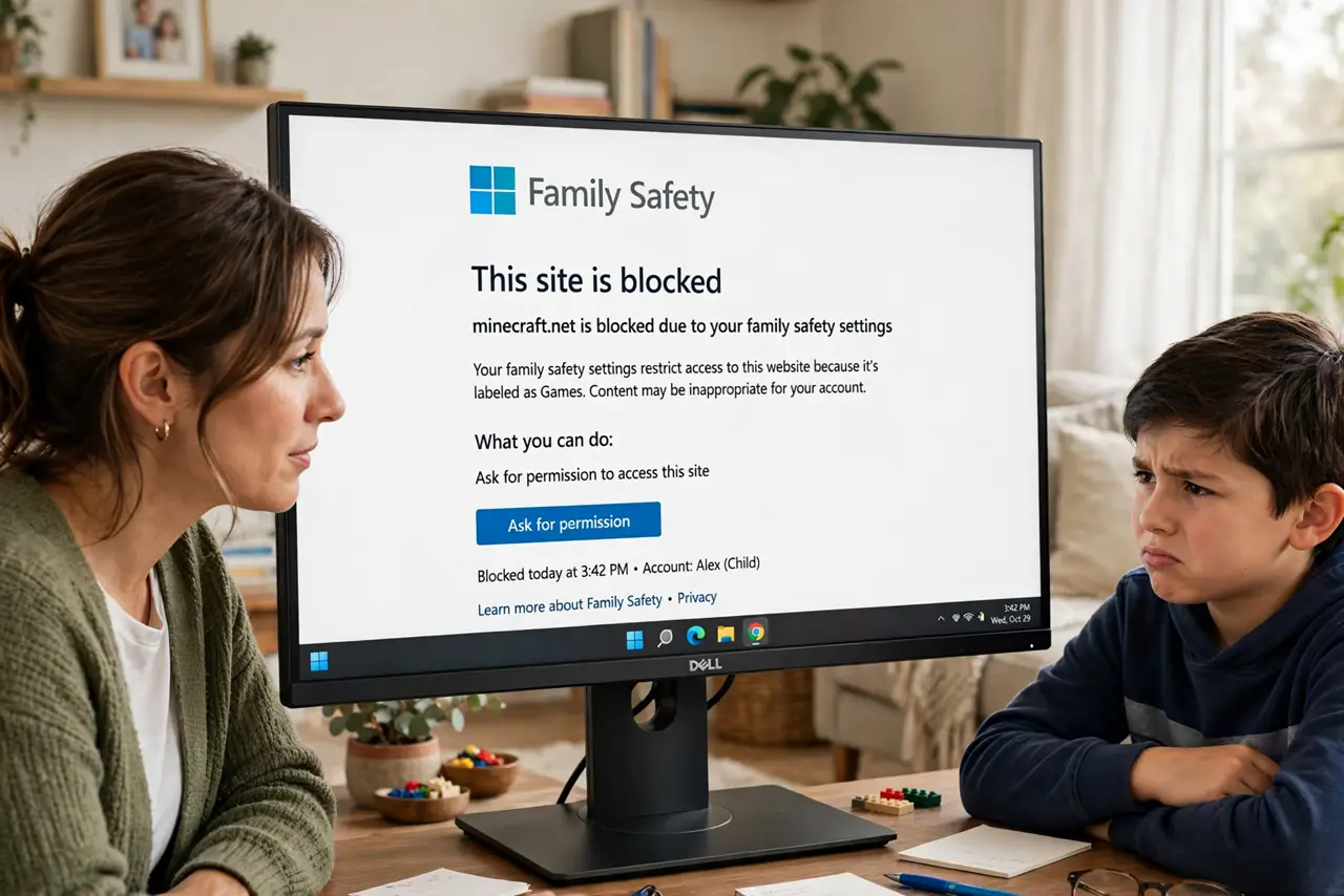 A parent and child looking at a real Windows PC monitor showing a Family Safety blocked page fully legible, the parent's face understanding, the child slightly frustrated, living room.
