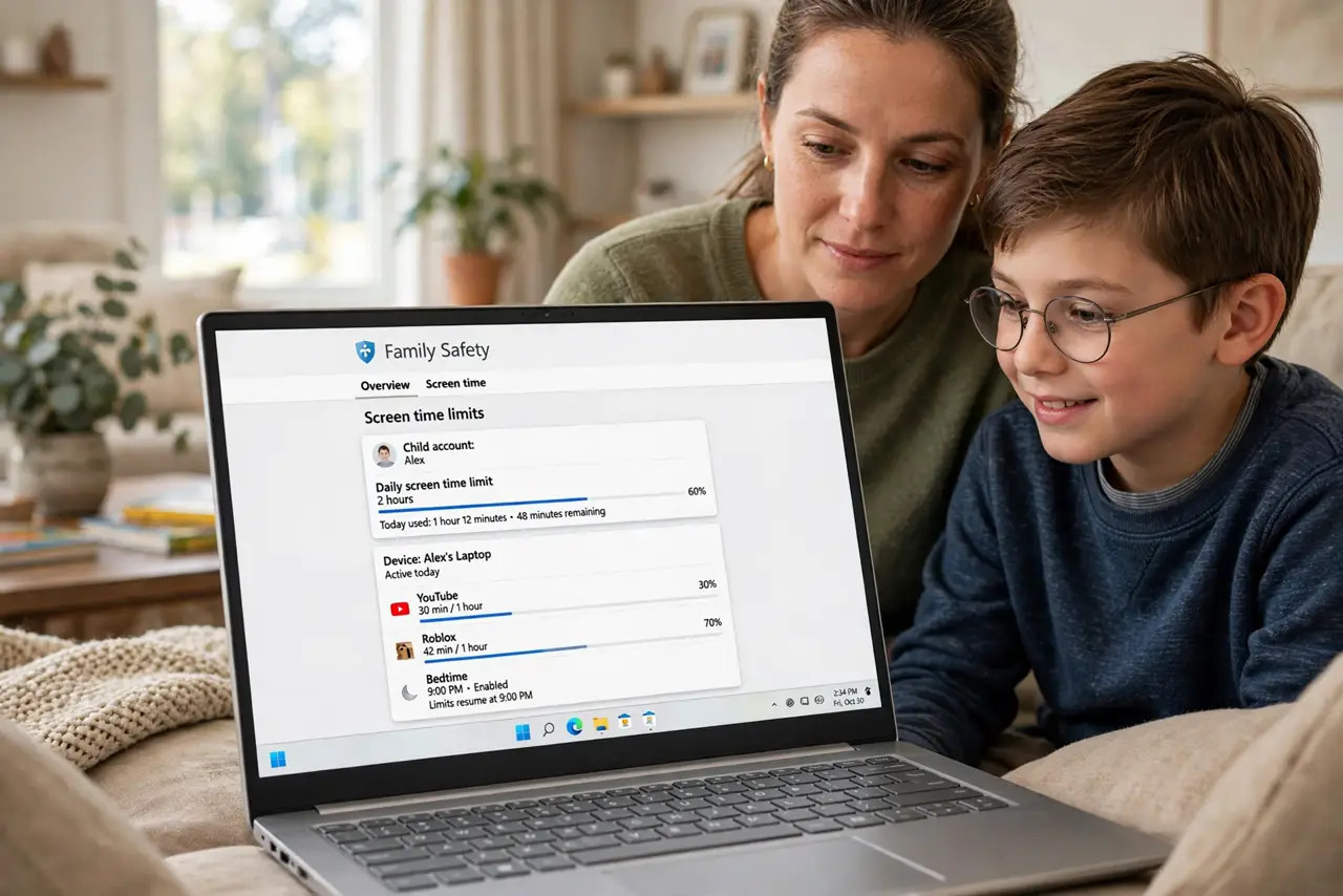 a parent and child together looking at a real Family Safety dashboard on a laptop with legible screen time limits, both faces cooperative, living room.