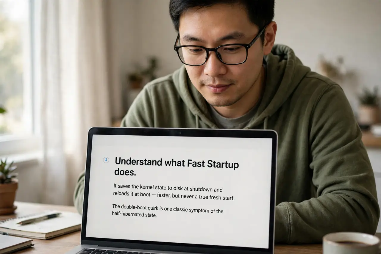 A person performing the first step of the guide: Understand what Fast Startup does.