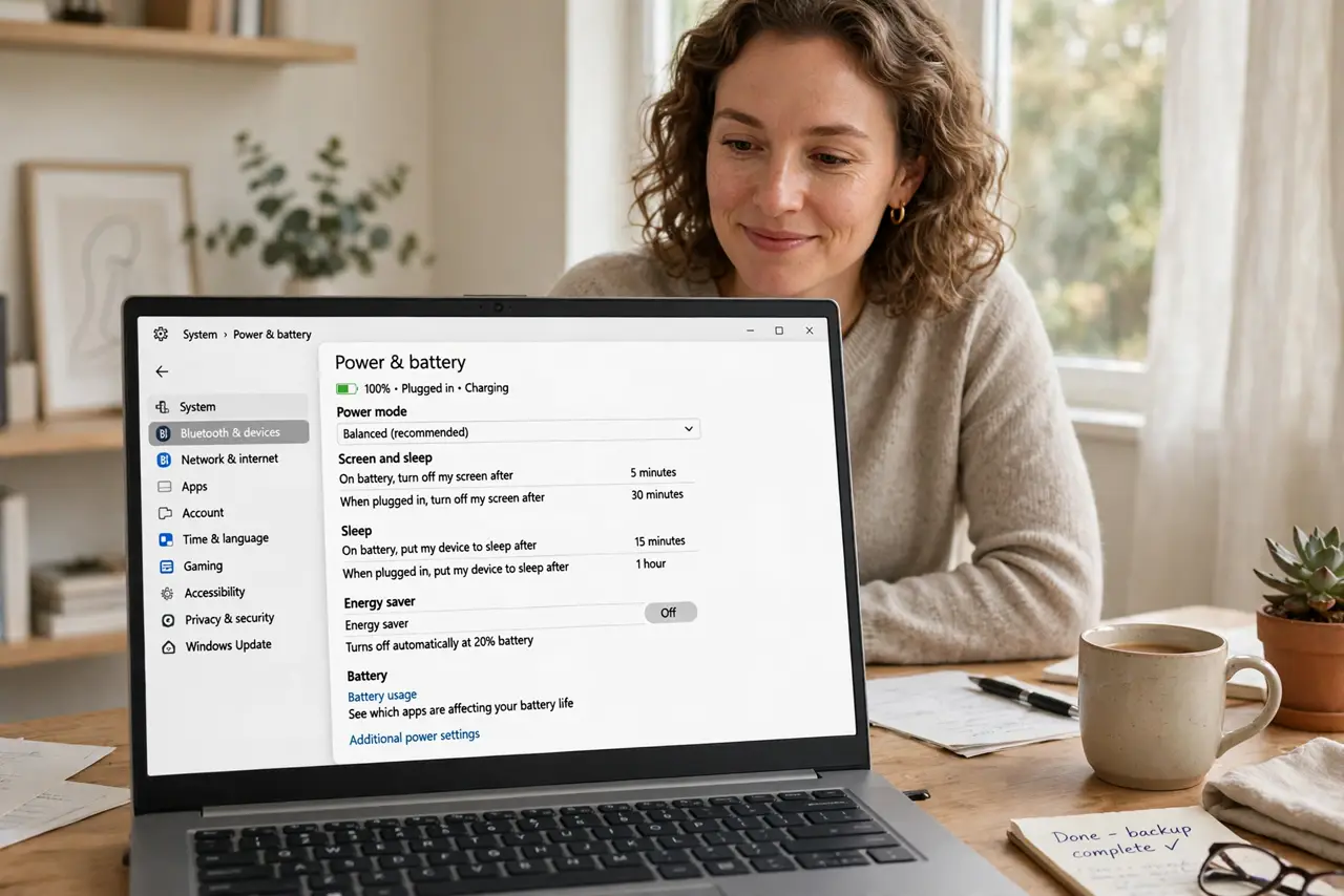 a person at a real desk with a Windows PC showing the legible power options page, the person's face relieved, home office.