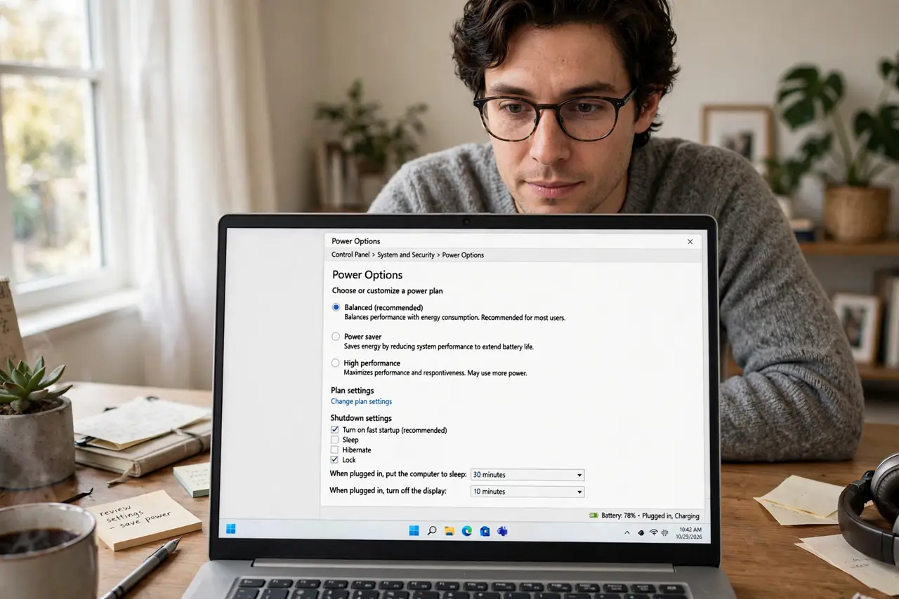 A person sitting at a desk looking at a Windows laptop showing the Power Options control panel with legible settings text, the person's face curious and focused, home.