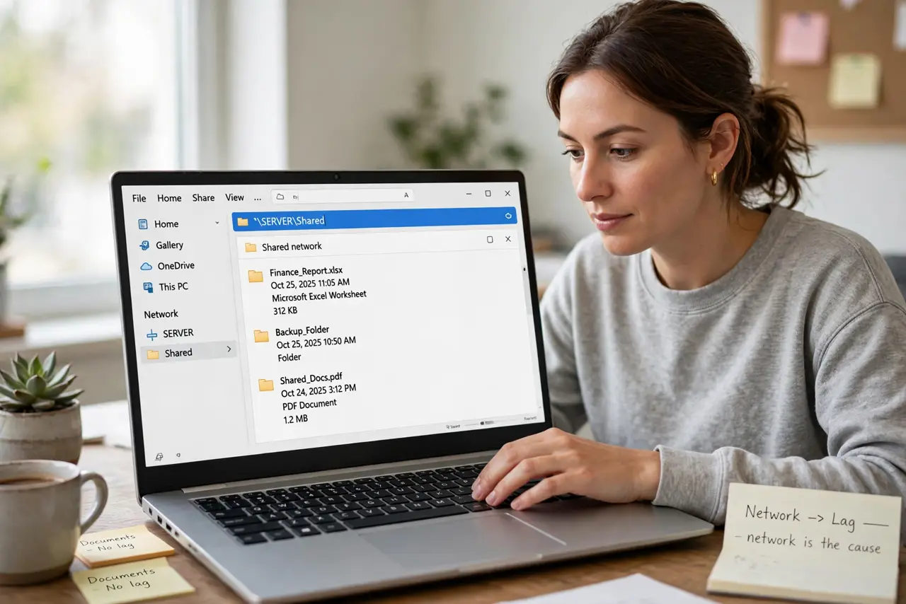 A person performing step 1 of the guide: Confirm where the lag happens. Type in the address bar in a local folder like Documents, then in a network folder. Lag only on network pa...