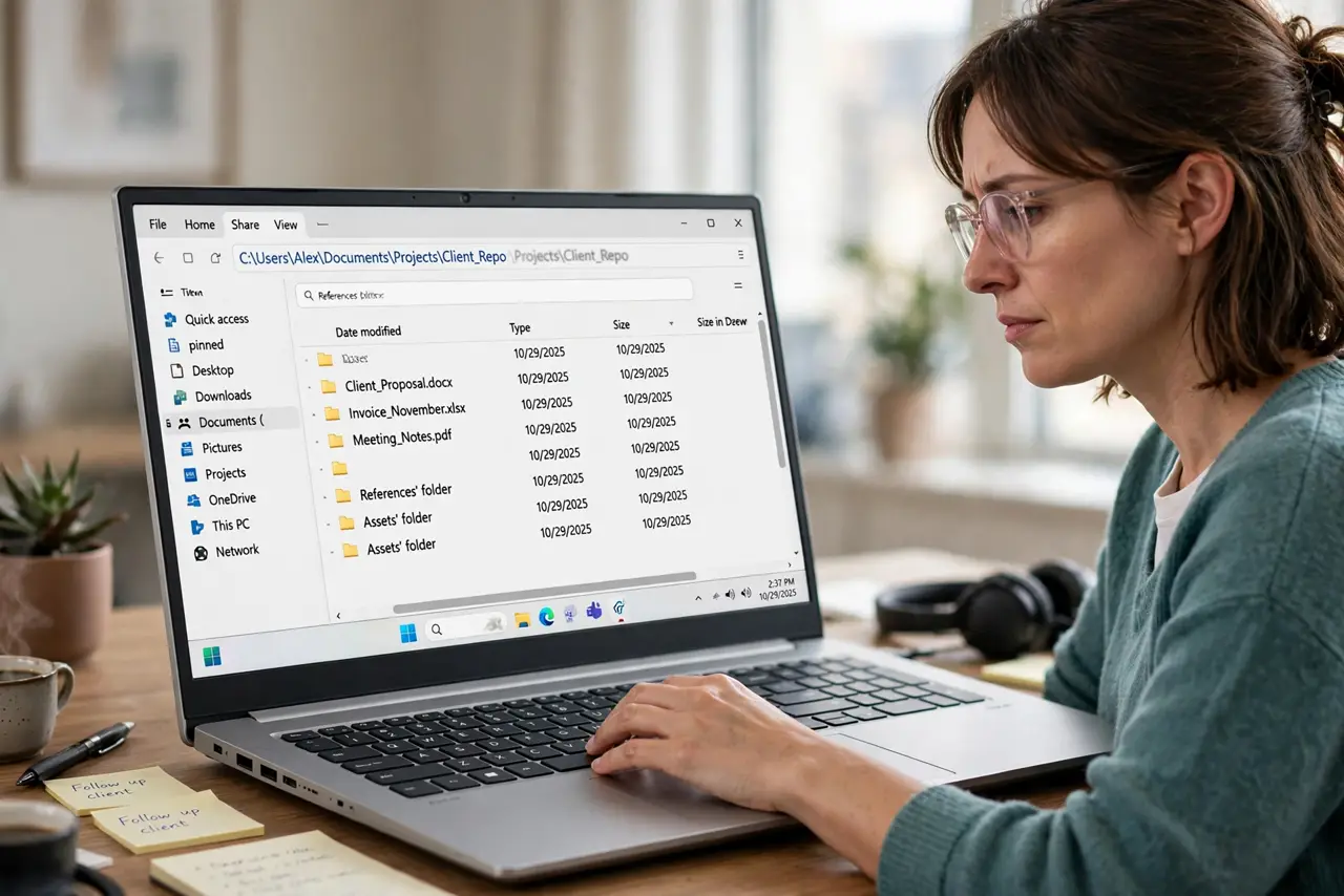 a real person at a desk typing in the File Explorer address bar on a Windows PC, the typed text lagging visibly on the real monitor with fully legible interface text, the person looking impatient.