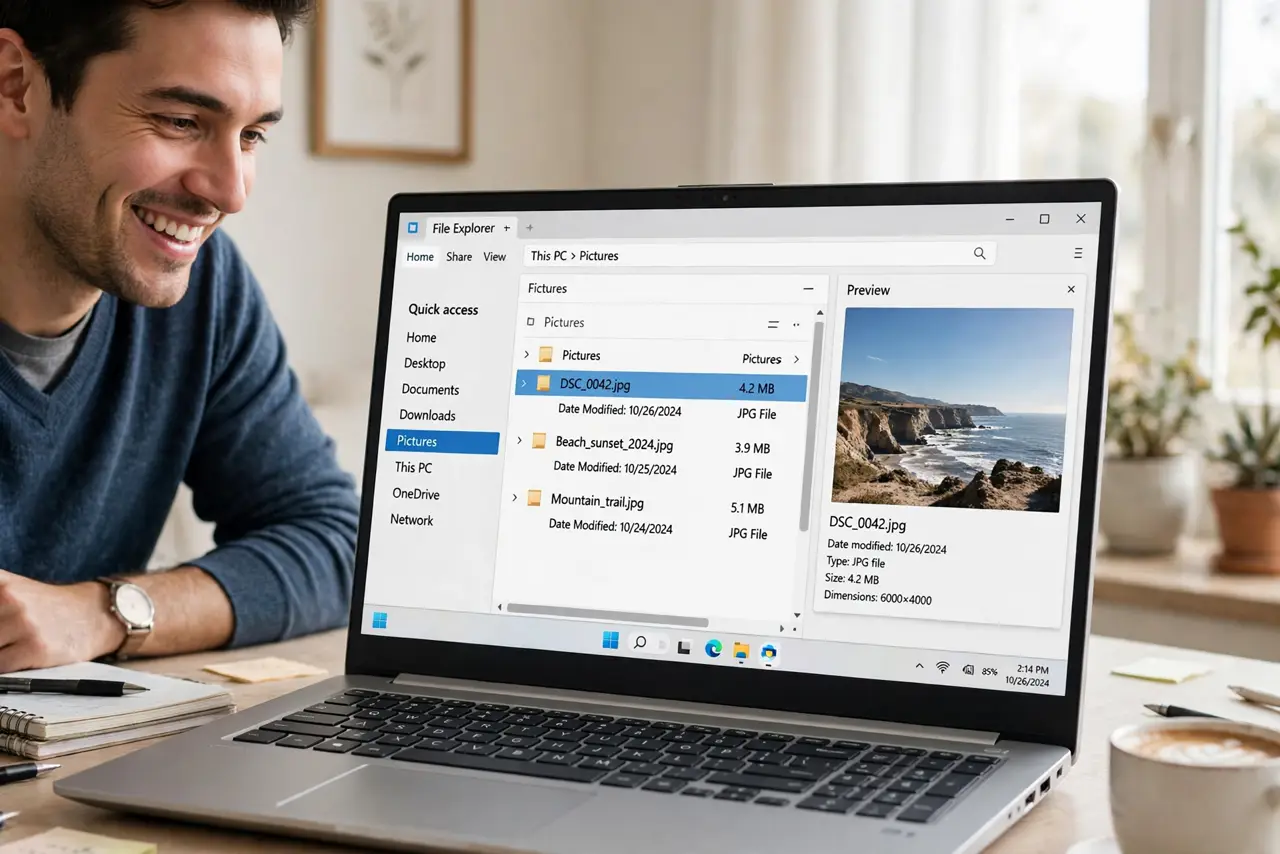 a person using a real Windows laptop showing File Explorer with the preview pane open on the right displaying a large photo preview, the person's face pleased at the speed, bright .