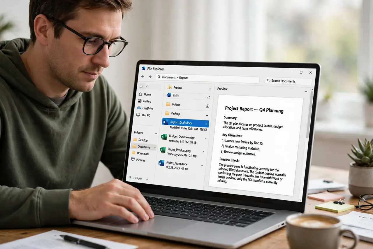 A person performing step 1 of the guide: Confirm the preview pane itself works. Select a Word document or an image and check that it previews. If those preview fine, the pane is ...