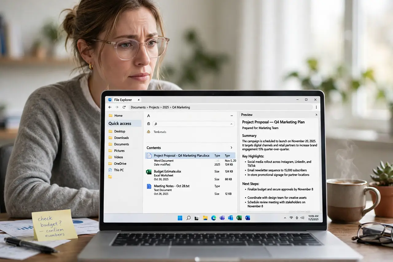 a real person at a desk looking at File Explorer on a Windows PC, the preview pane visible on the real monitor showing a blank PDF preview with fully legible interface text, the person looking puzzled.