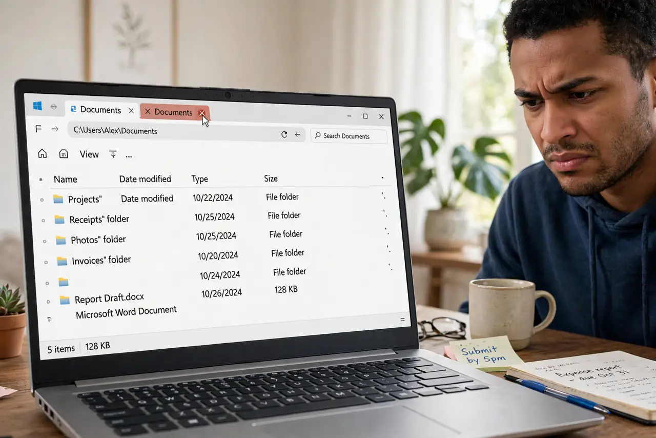 a person using a real Windows laptop showing File Explorer with two identical folder tabs open, the cursor hovering over the X of the extra tab, the person's face mildly annoyed at.