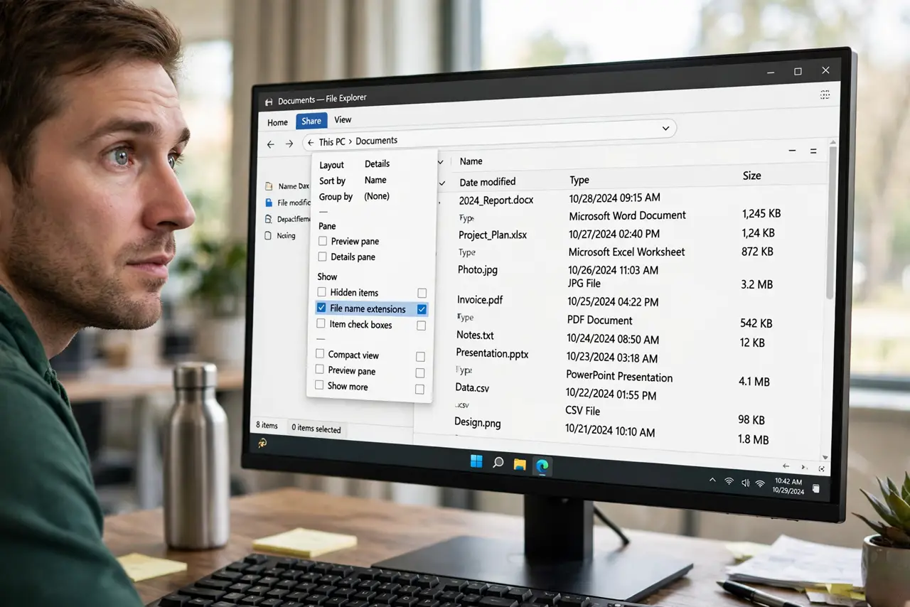 A person checking File name extensions in File Explorer's View menu on a real Windows PC monitor with file extensions visible after every filename fully legible, the person's face alert.