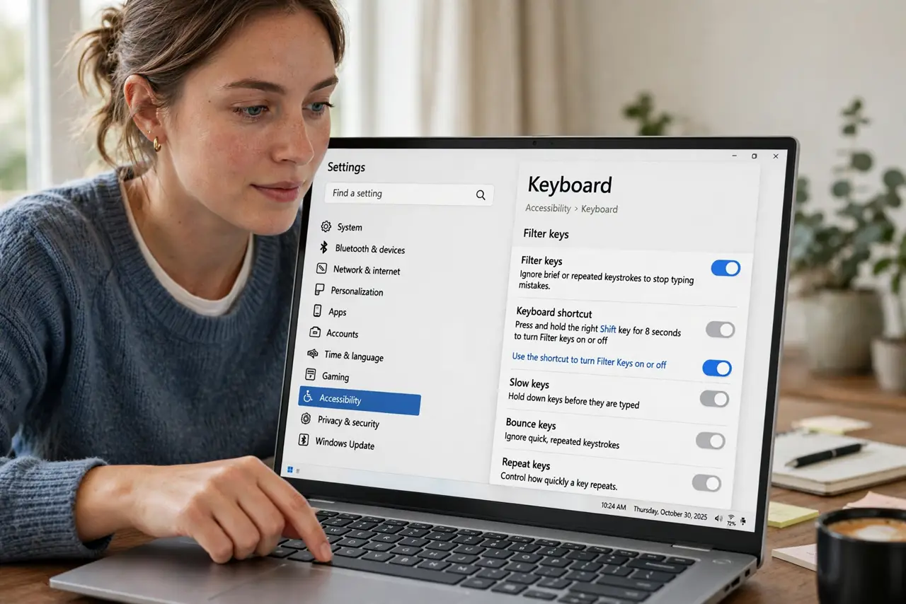 A person calmly performing the guide's first step: Turn on Filter Keys.