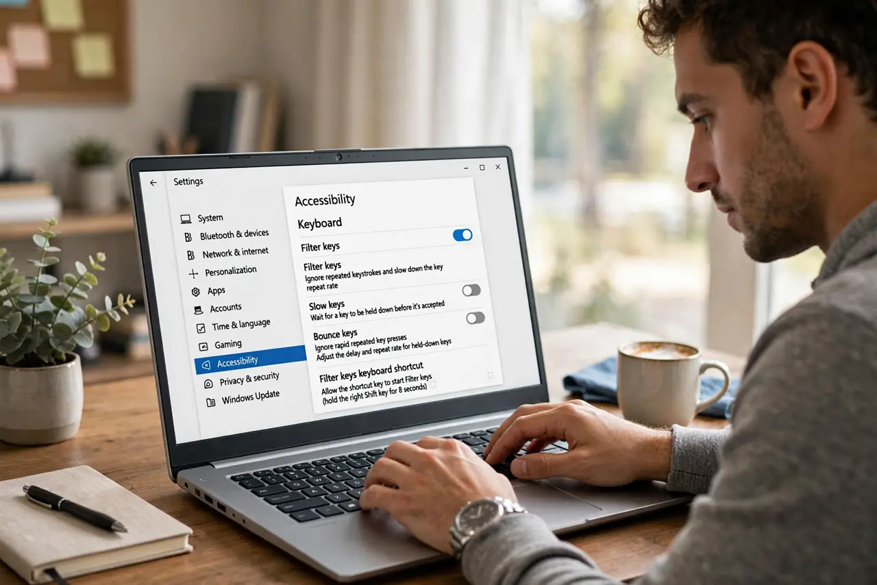 a person's hands typing on a real Windows keyboard, the Filter Keys settings open on screen, the person's face focused, home office. No black screen, no blank white screen, no fake.