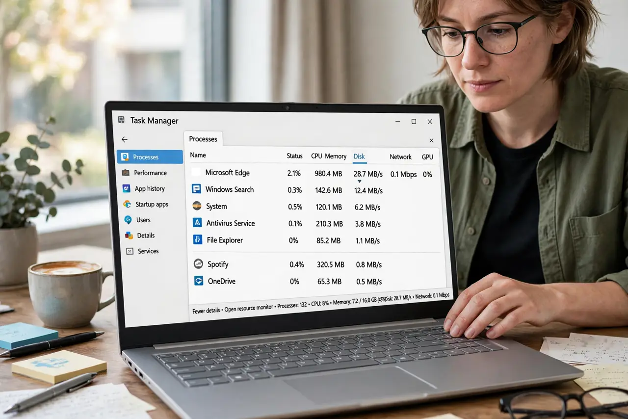 A person performing step 1: Open Task Manager sorted by disk. Press Ctrl+Shift+Esc, go to the Processes tab, and click the Disk column hea.