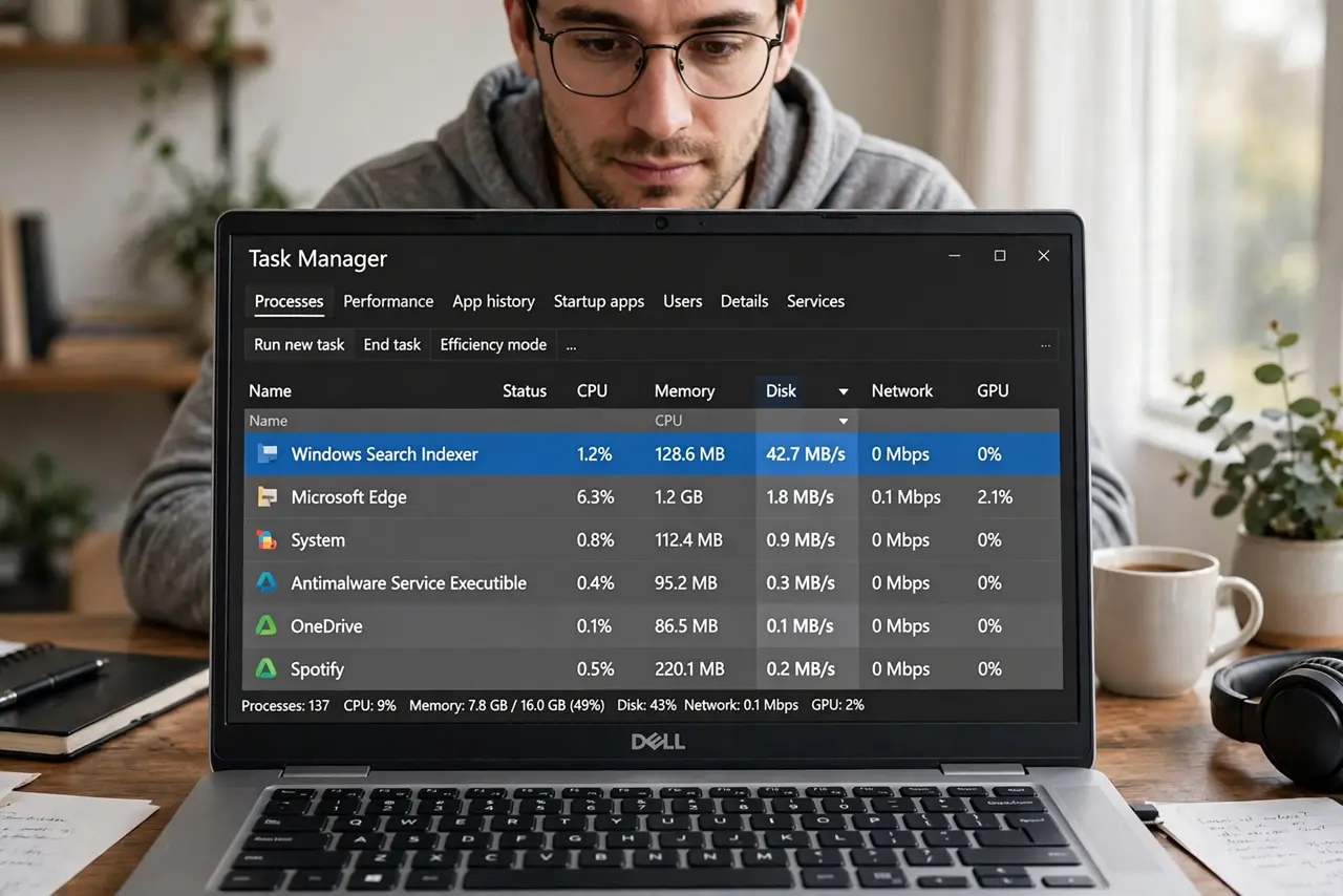 A person looking at the real Windows Task Manager on a real laptop sorted by the Disk column, one process highlighted at high usage, the person's face focused,.