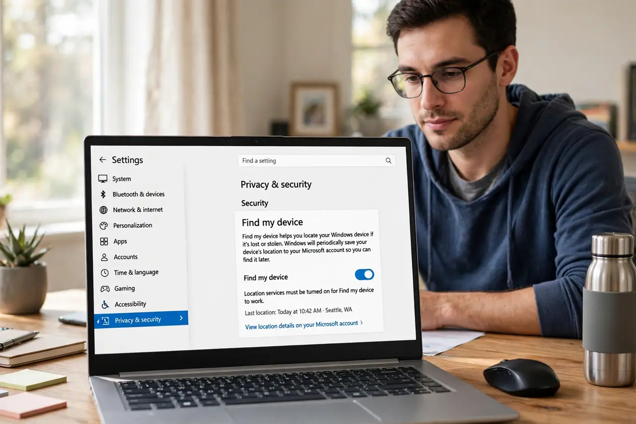 A person performing step 1: Turn it on before you need it. Open Settings, Privacy and security, then Find My Device, and enable it. This i.