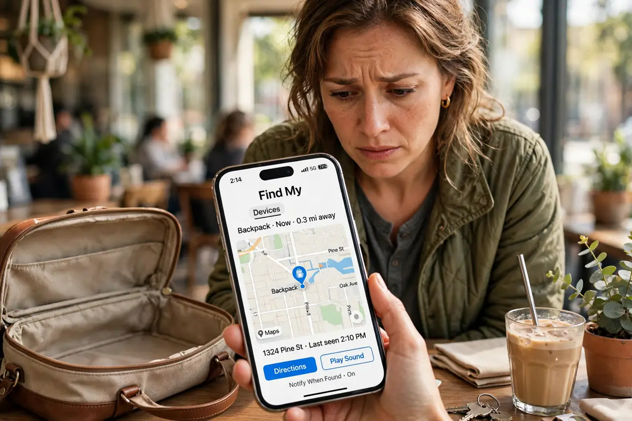 A worried person looking at a real phone showing a legible map with a device location pin, a laptop bag open and empty beside them, the person's face.