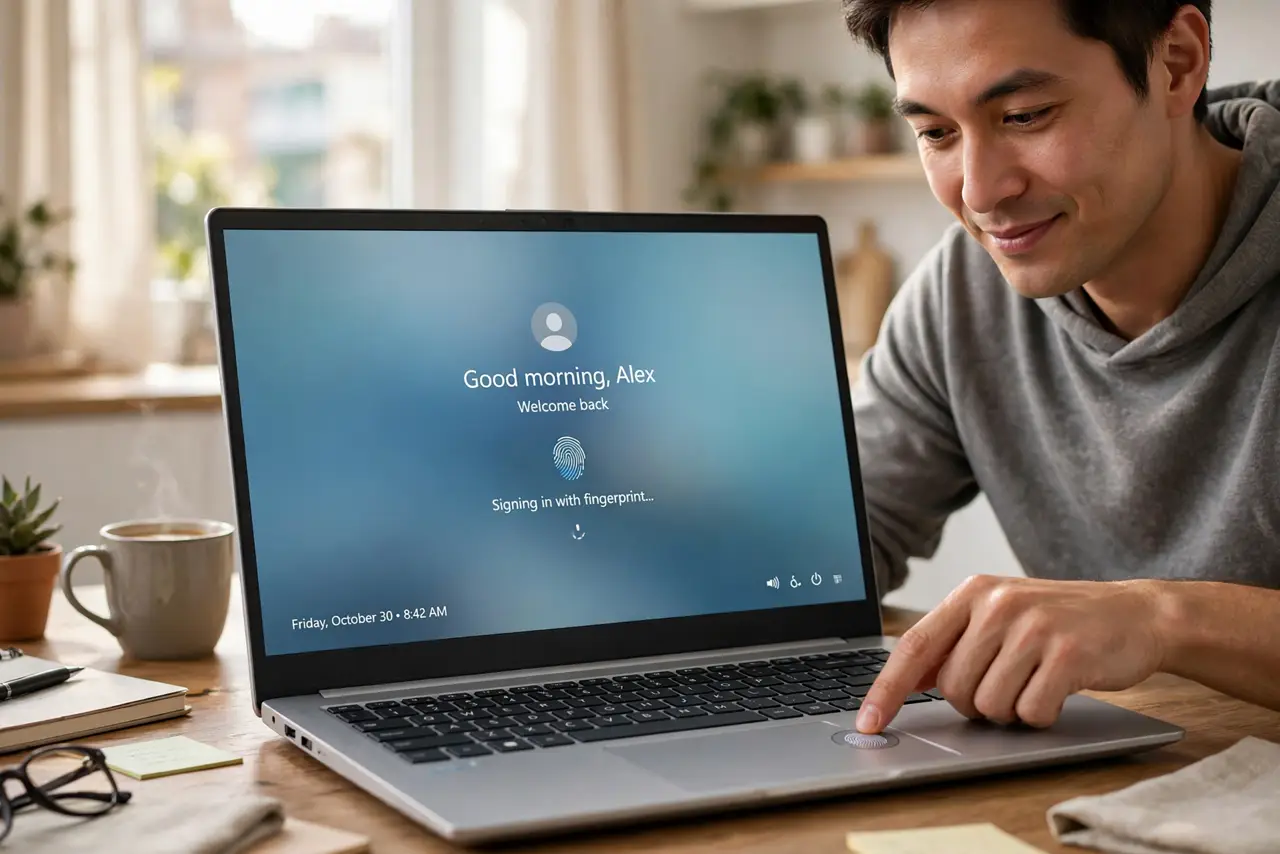 a person tapping the fingerprint reader on a real Windows laptop, login screen welcoming them, the person's face pleased, morning desk.