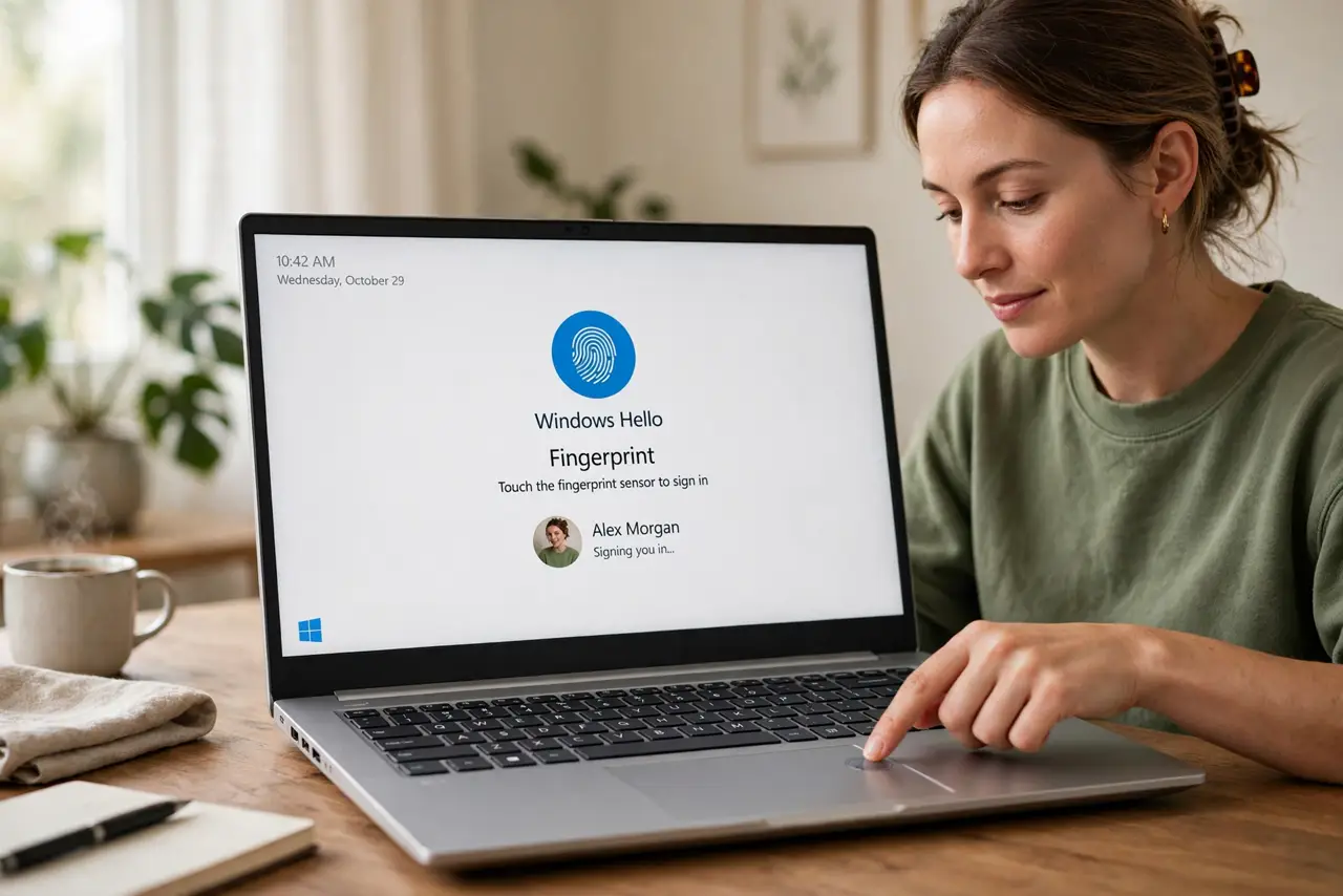 A person touching the fingerprint reader on a real Windows laptop, the login screen showing a legible fingerprint prompt, the person's face calm, home office.