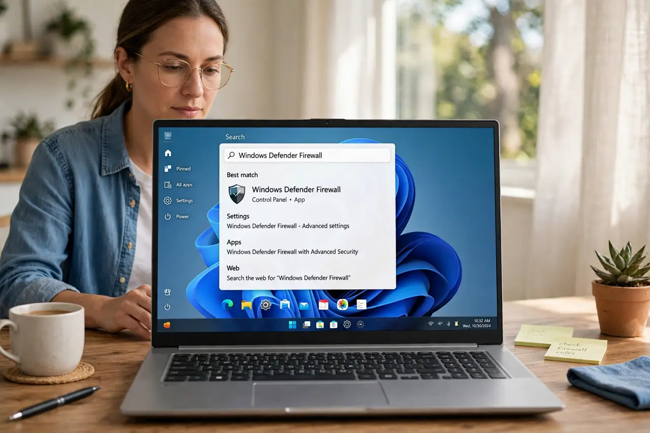 A person performing the first step of the guide: Open Windows Defender Firewall. Search for Windows Defender Firewall in Start and open it. The blocking.