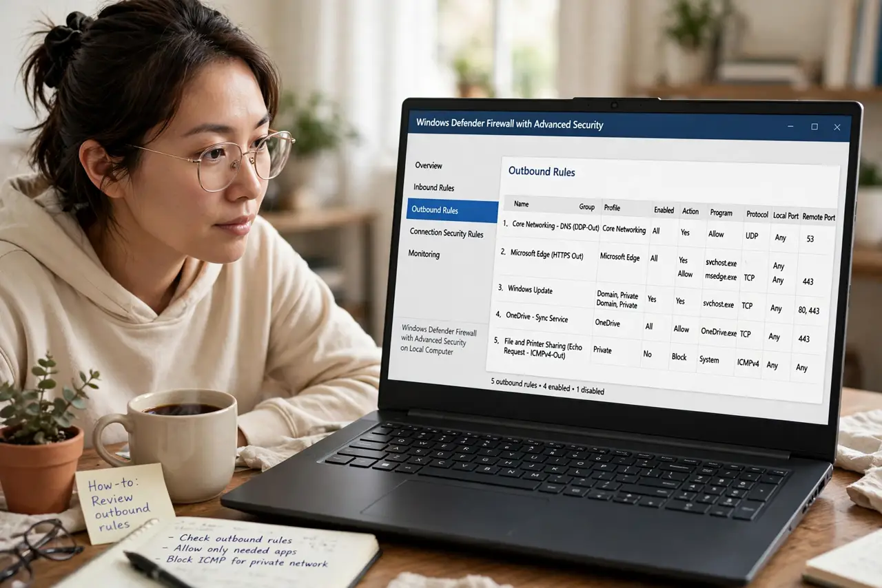 A person looking at a real Windows PC screen showing Windows Defender Firewall advanced settings with a legible outbound rule list, the person's face.