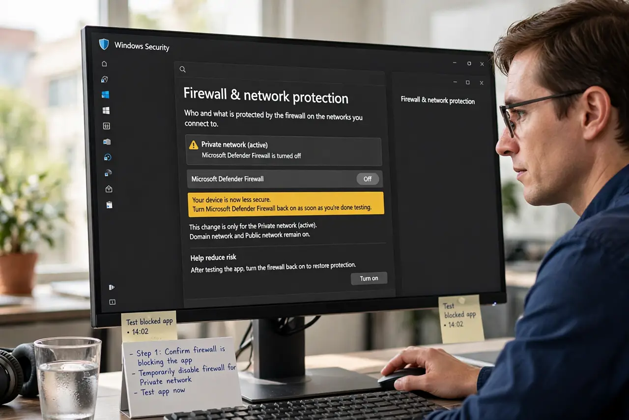 A person carrying out step one: confirm the firewall is the suspect.