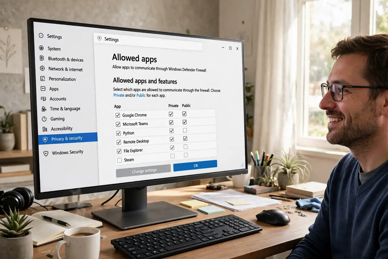 A person sitting at a real desk looking at a real Windows PC showing the firewall allowed-apps list with checkboxes legible on screen, the person's face…