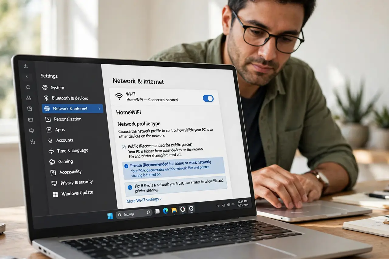 A person performing step 1 of the guide: Check the network profile first. Open the network settings and look at the profile for your current connection. If it says Public, Window...