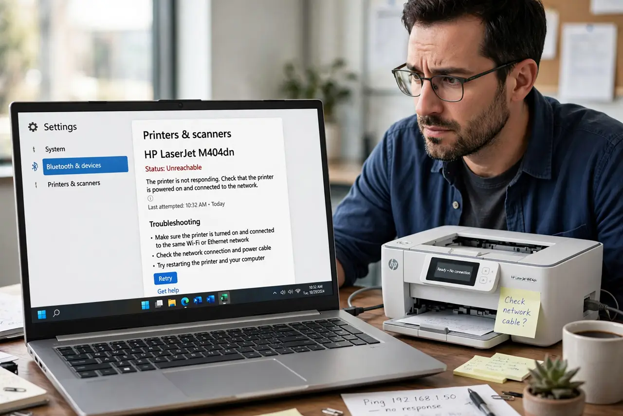 a real person at a desk looking at a Windows PC next to a real network printer, the printer settings page visible on the real monitor with fully legible status text showing the printer unreachable, the person looking puzzled.