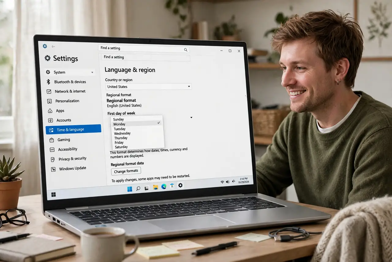 a person at a real Windows PC, the screen showing the calendar settings page with the first-day-of-week dropdown legible, the person's face pleased, home office.