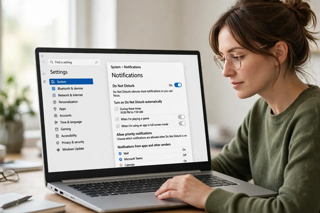 A person performing step 1 of the guide: Open the Do Not Disturb settings. Go to Settings, then System, then Notifications, and find the Do Not Disturb section. This is where Win...