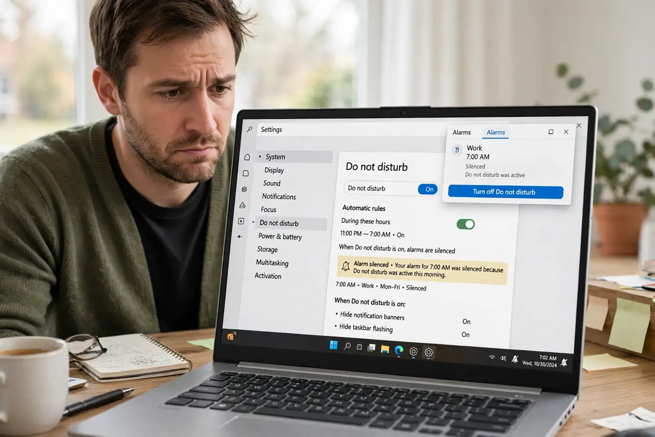a real person at a desk looking at an alarm app on a Windows PC, the Do Not Disturb settings visible on the real monitor with fully legible text, the person realizing the alarm was silenced with a rueful expression.