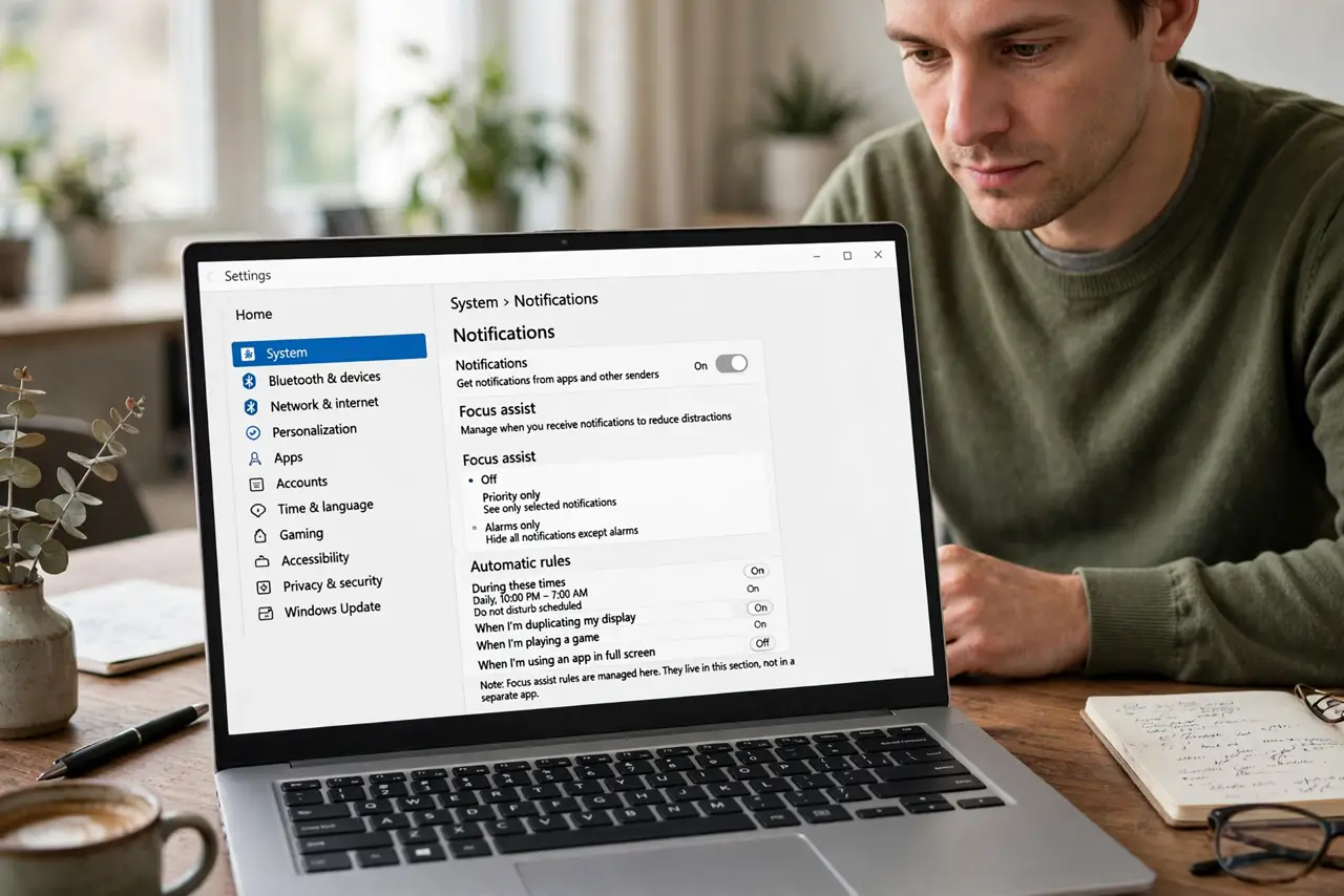 A person performing the first step of the guide: Open Focus Assist settings.