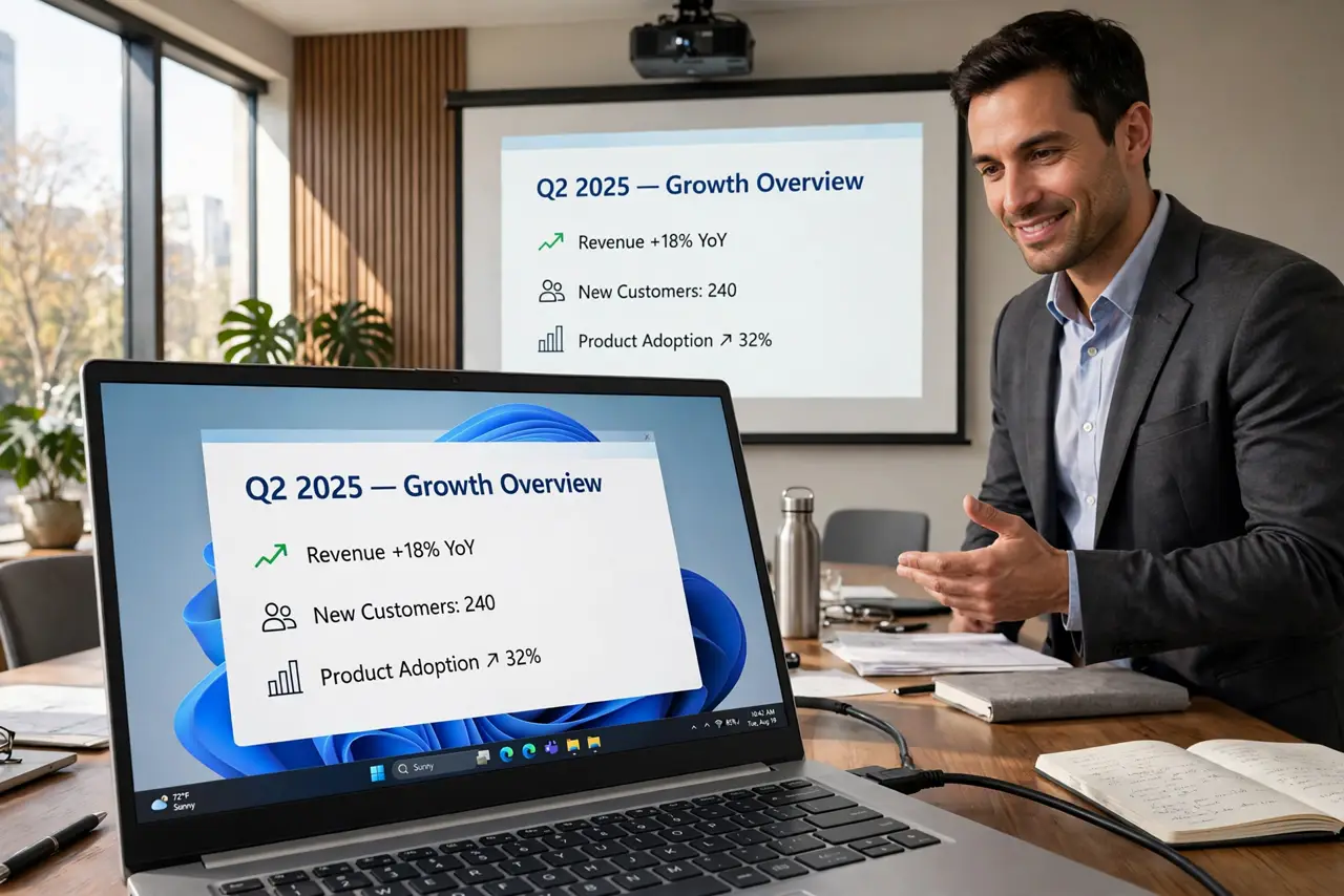 a person presenting slides on a real Windows laptop connected to a projector, screen showing clean slides with no popups, the person's face confident, meeting room.