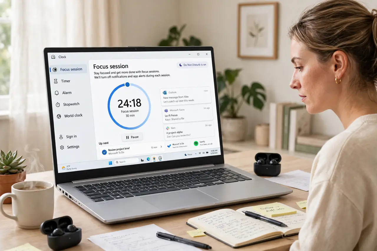 A person working at a Windows laptop with the Clock app showing a focus timer counting down legibly, a tidy desk, face calm and concentrated, home office.
