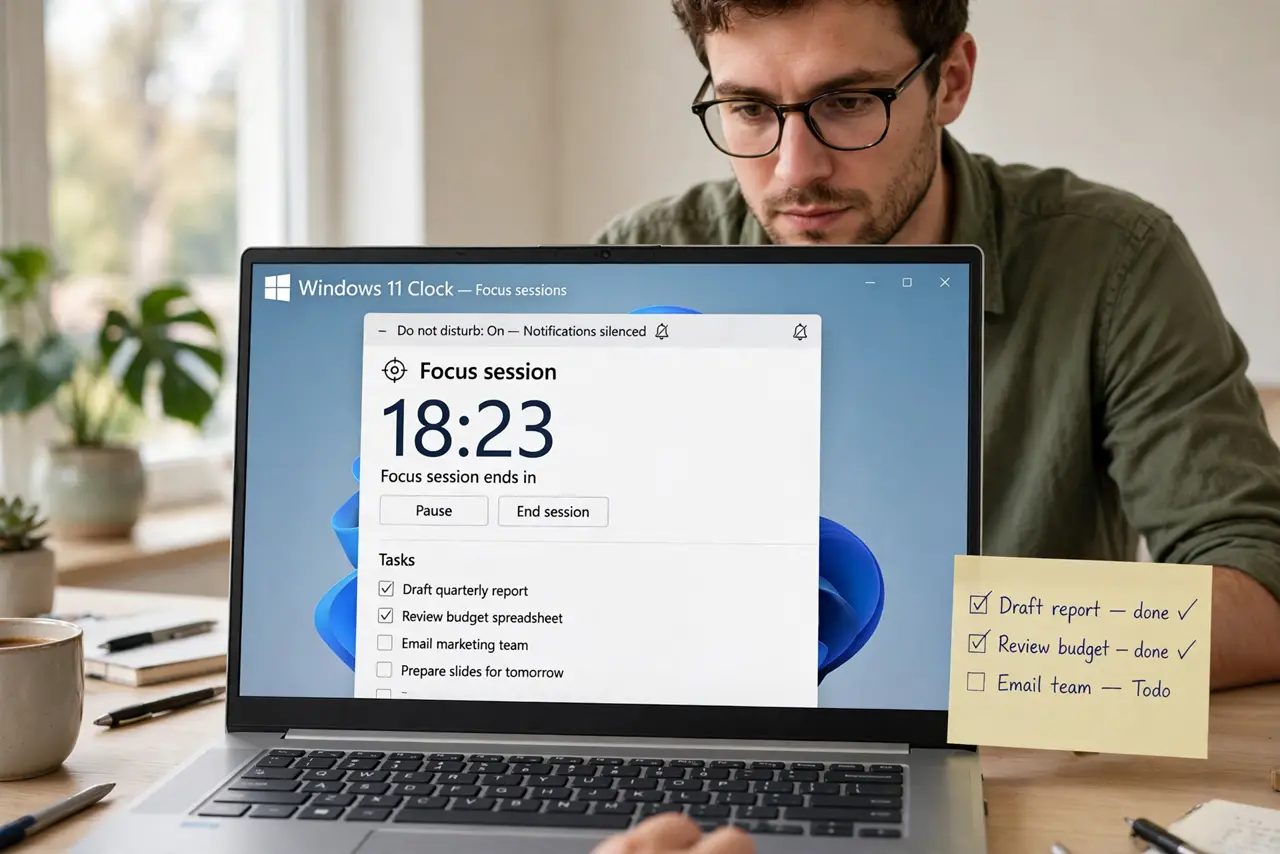 a person working on a real Windows laptop with the Focus Sessions timer running and notifications silenced, a task list beside the timer, the person's face concentrated, bright hom.