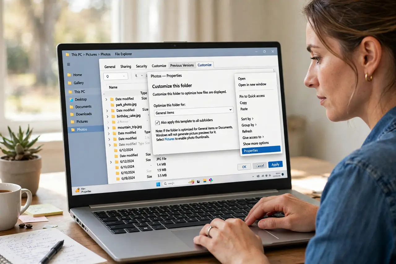 A person performing step 1 of the guide: Check the folder's optimization type. Right-click the folder, open Properties, and look at the Customize tab. If it is optimized for Gene...